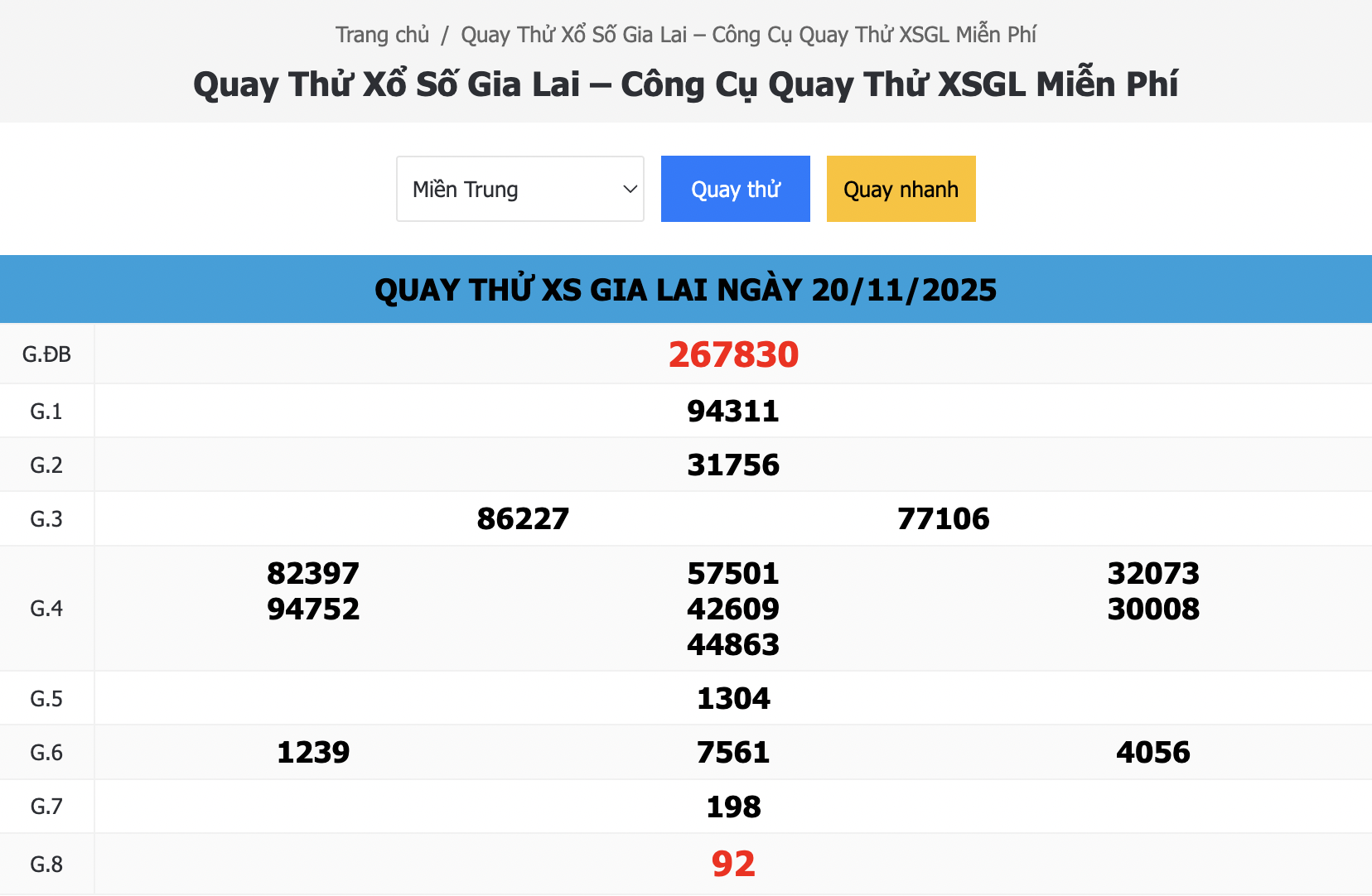 Kết Quả Quay Thử Xổ Số Gia Lai Ngày 20/11/2025